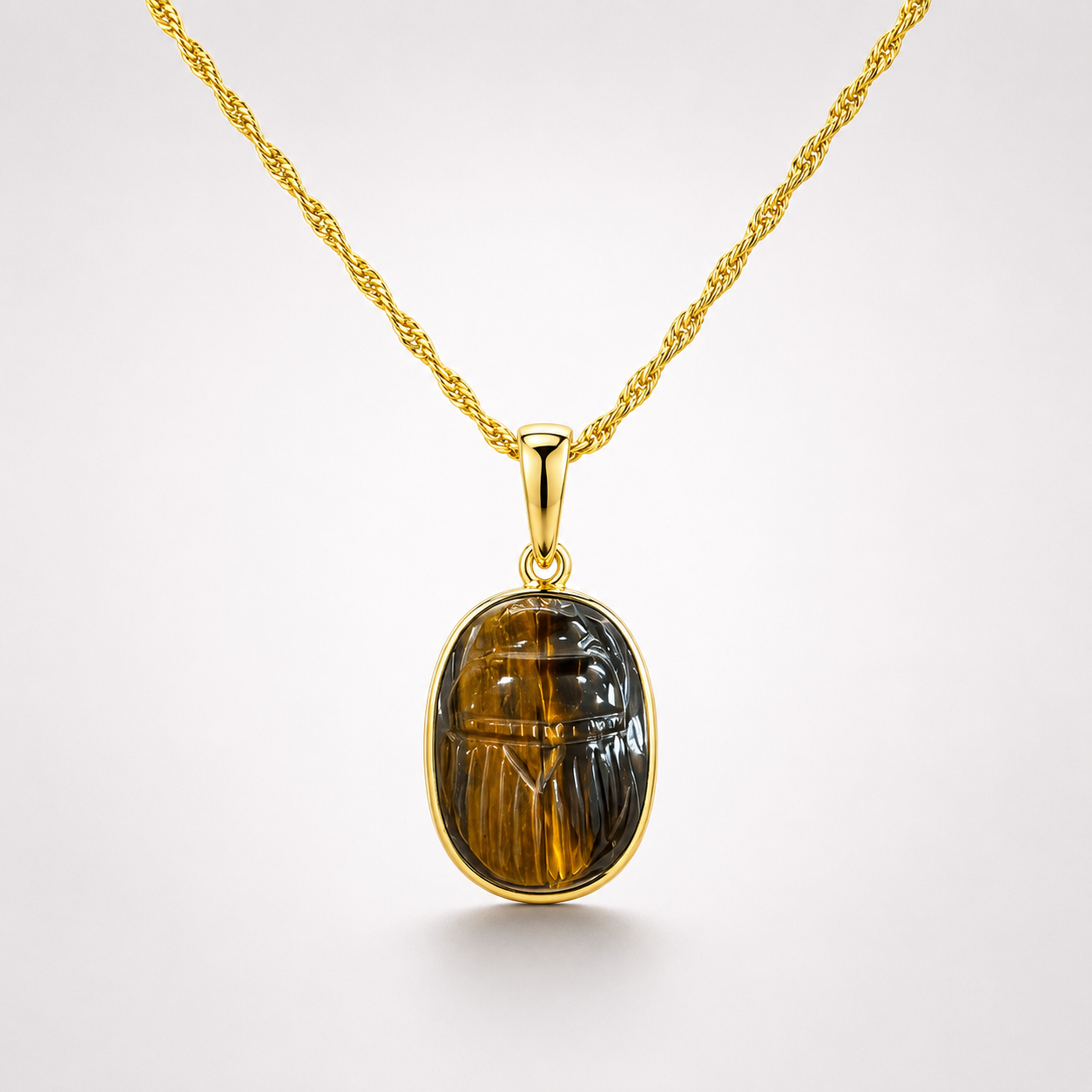 Tiger Eye Carved Scarab Pendant on Gold Rope Chain – Oval Chatoyant Gemstone Egyptian Scarab Bezel
