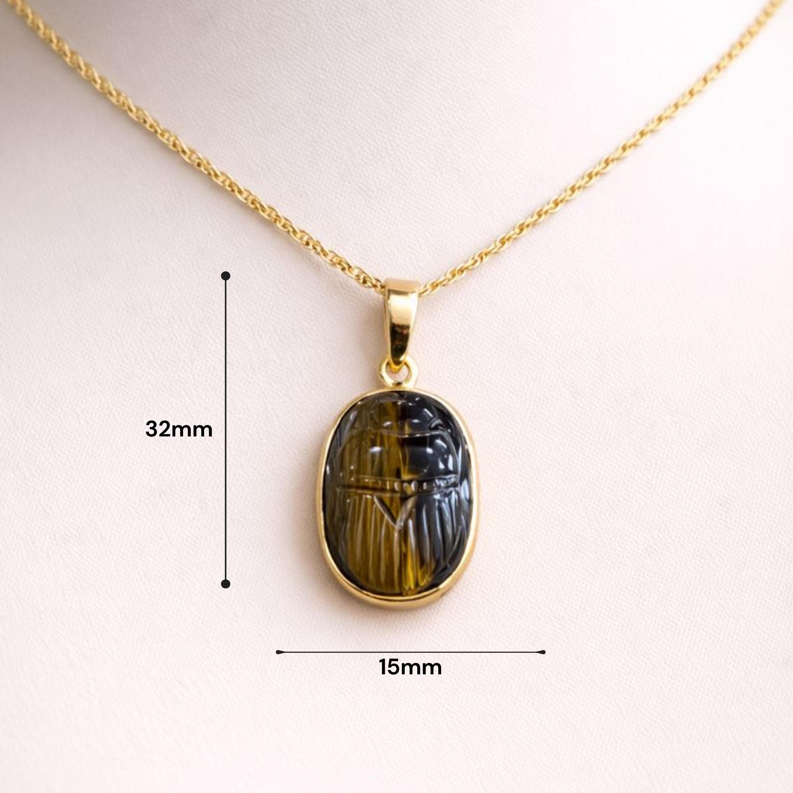 Tiger Eye Scarab Pendant Size Guide – 32mm x 15mm Carved Oval Chatoyant Gemstone Gold Bezel
