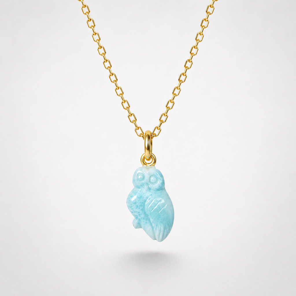 Tiny Larimar Hand Carved Owl Pendant on Gold Chain – Pale Aqua Caribbean Gemstone 3D Owl Necklace
