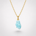 Tiny Larimar Hand Carved Owl Pendant on Gold Chain – Pale Aqua Caribbean Gemstone 3D Owl Necklace
