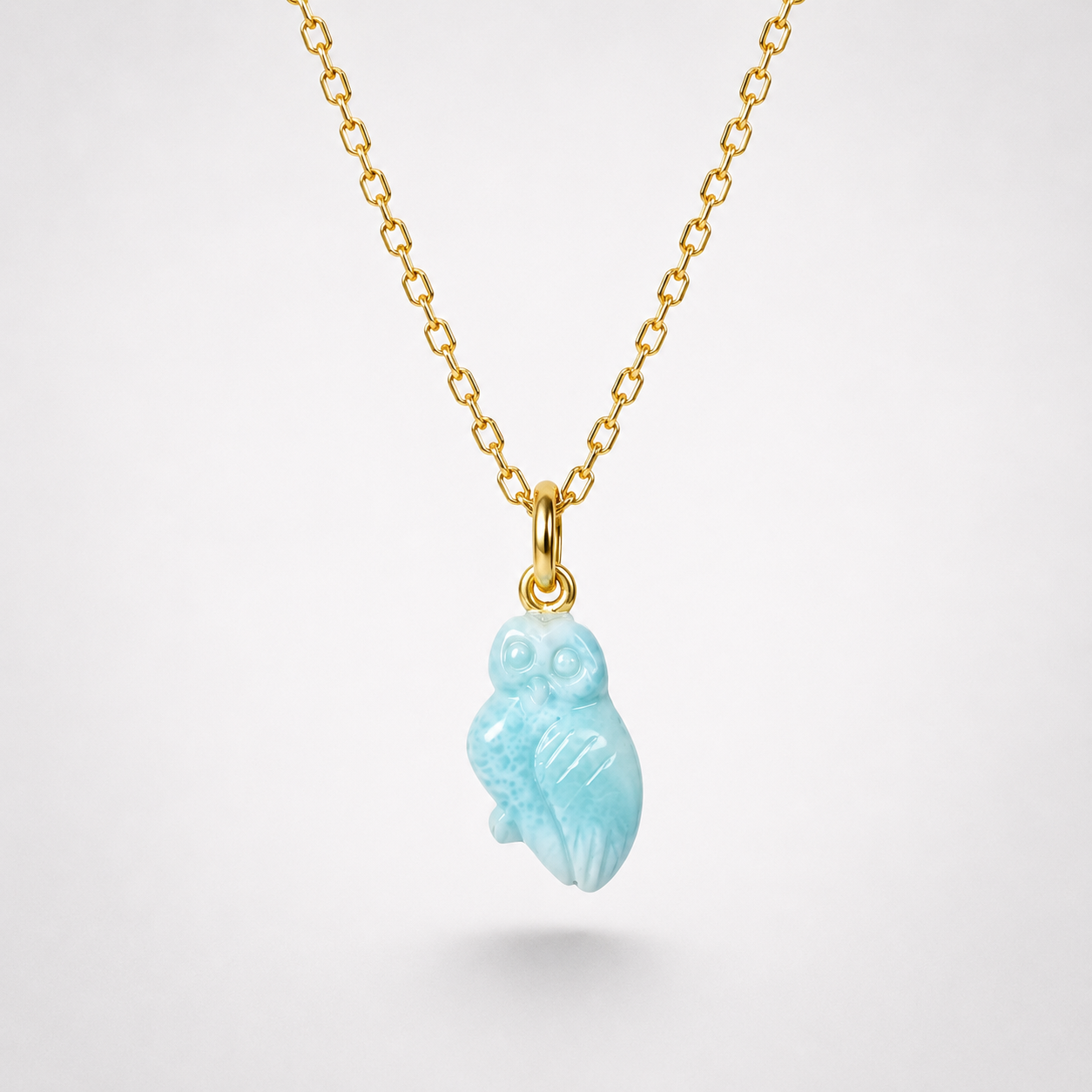 Tiny Larimar Hand Carved Owl Pendant on Gold Chain – Pale Aqua Caribbean Gemstone 3D Owl Necklace
