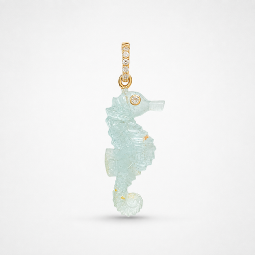 Hand-carved aquamarine seahorse pendant with 14k gold bail set with accent white topaz, pale seafoam gemstone carving with intricate scale detailing
