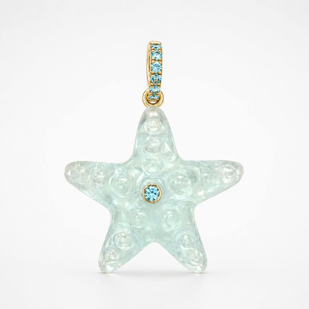 Front-facing hand-carved aquamarine starfish pendant with 14k yellow gold pavé bail set with Swiss blue topaz accents and bezel-set Swiss blue topaz center accent, translucent pale seafoam blue gemstone with raised bubble and swirl surface texture across five pointed arms