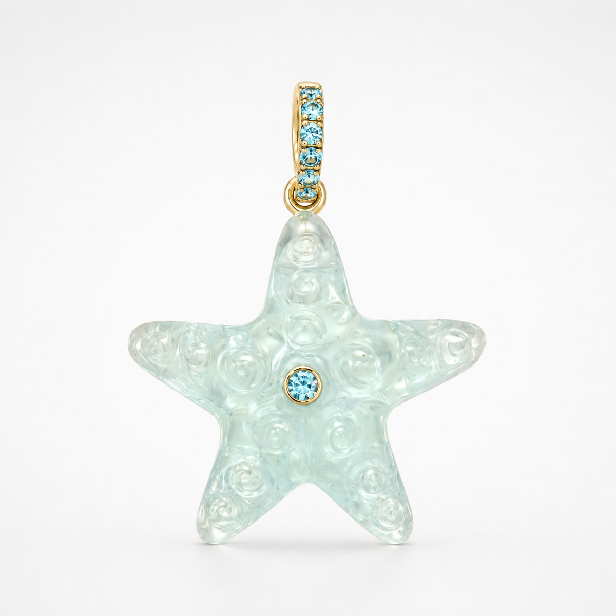 Front-facing hand-carved aquamarine starfish pendant with 14k yellow gold pavé bail set with Swiss blue topaz accents and bezel-set Swiss blue topaz center accent, translucent pale seafoam blue gemstone with raised bubble and swirl surface texture across five pointed arms