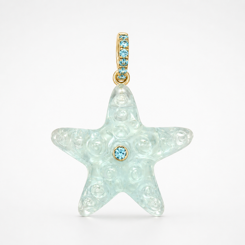 Front-facing hand-carved aquamarine starfish pendant with 14k yellow gold pavé bail set with Swiss blue topaz accents and bezel-set Swiss blue topaz center accent, translucent pale seafoam blue gemstone with raised bubble and swirl surface texture across five pointed arms