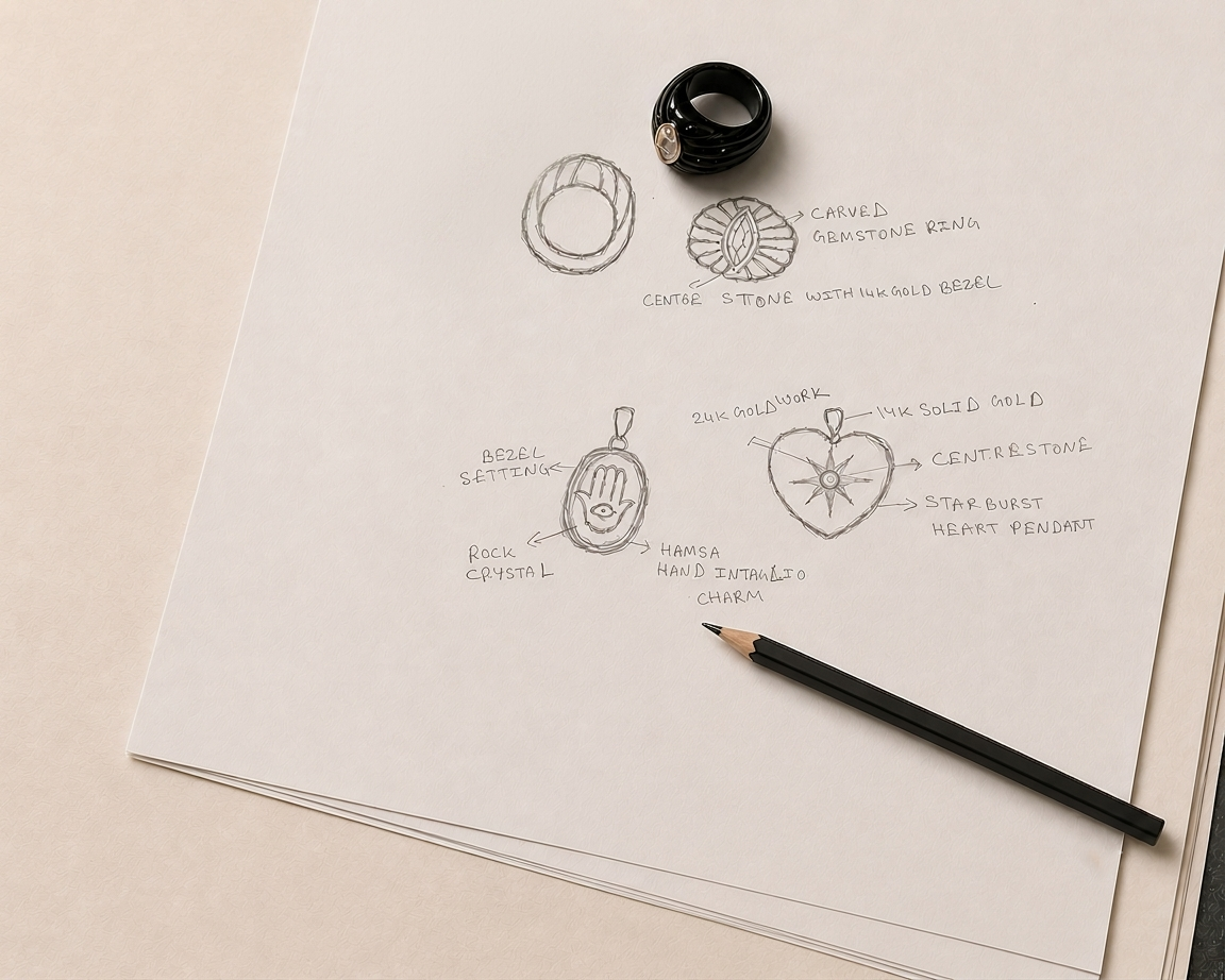 Hand-drawn jewelry design sketches on white paper showing a carved gemstone ring with 14k gold bezel, a rock crystal Hamsa hand intaglio charm with bezel setting, and a 14k solid gold starburst heart pendant with centre stone and 24k goldwork, alongside a black onyx ring prototype and pencil