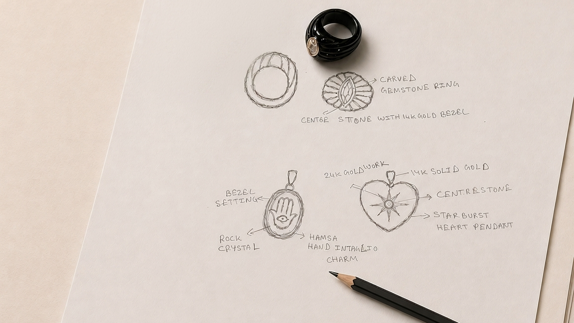 Behind-the-scenes flat lay of hand-drawn jewelry design sketches featuring a rock crystal hamsa hand intaglio charm with bezel setting, a 14k solid gold starburst heart pendant with center stone and 24k goldwork detail, and a carved gemstone ring with 14k gold bezel center stone, alongside a finished black onyx fluted ring prototype and pencil on white paper

