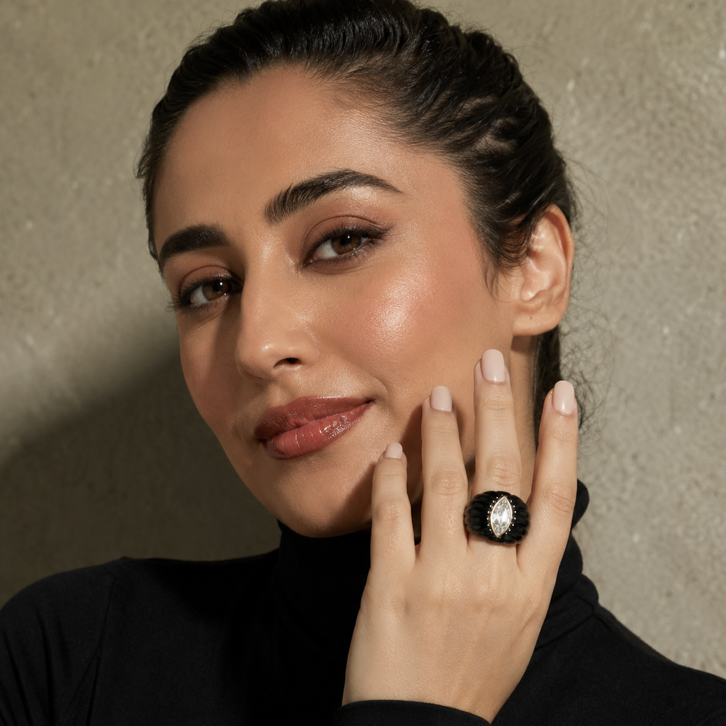 Model Wearing Black Onyx Ring – White Topaz Marquise 14K Gold Bezel Fluted Gemstone Cocktail Ring

