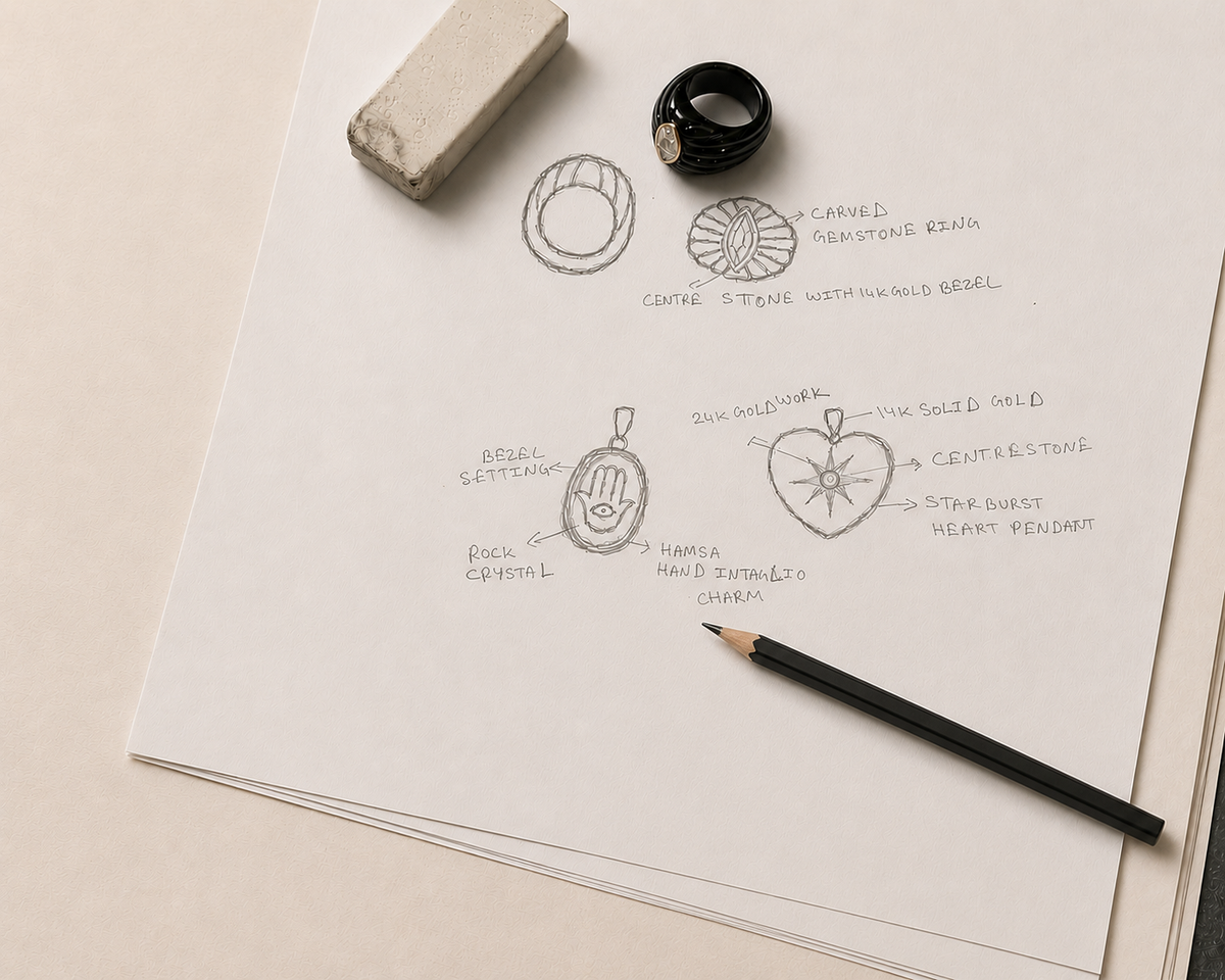 Handmade jewelry design sketches featuring rock crystal hamsa hand intaglio charm, starburst heart pendant, and carved gemstone ring
